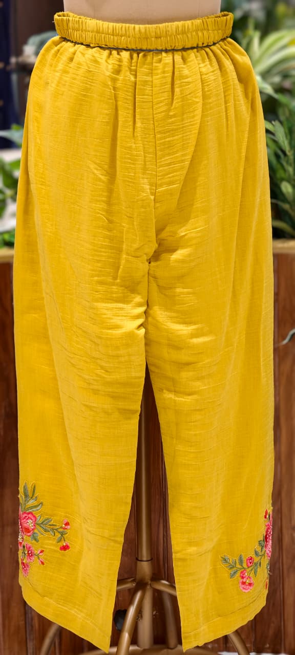 Hi Low Mustard Yellow Pure Banaras Mul Chanderi Kurta Set with Handcrafted Floral Embroidery-14240 RB258