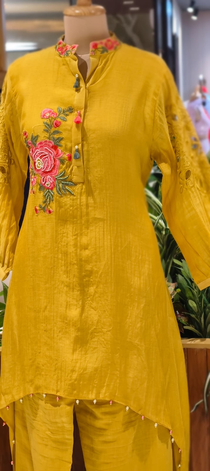 Hi Low Mustard Yellow Pure Banaras Mul Chanderi Kurta Set with Handcrafted Floral Embroidery-14240 RB258