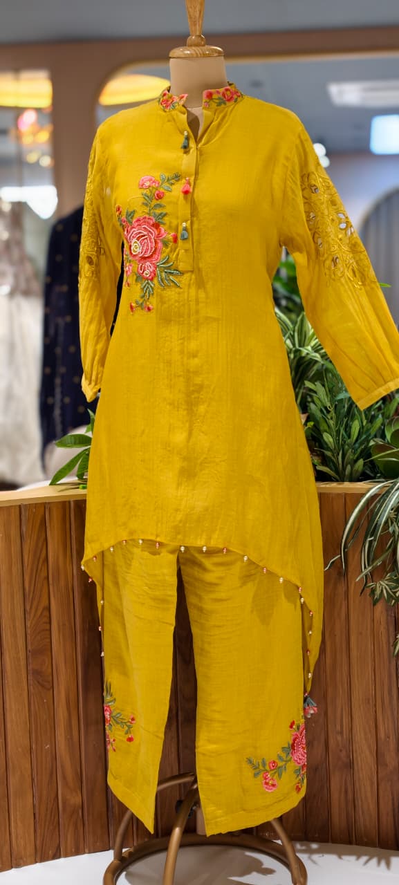 Hi Low Mustard Yellow Pure Banaras Mul Chanderi Kurta Set with Handcrafted Floral Embroidery-14240 RB258