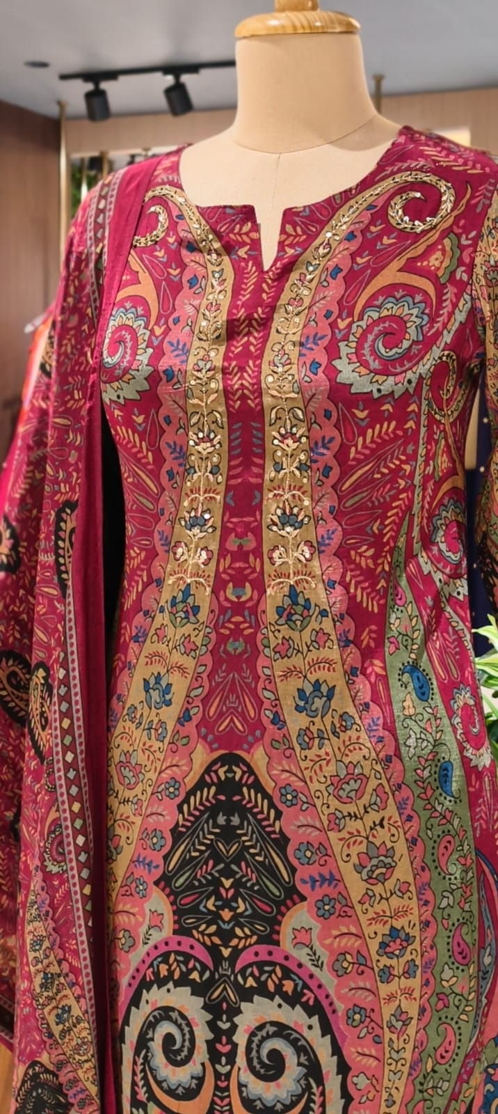 Designer Suit Set with Intricate Paisley & Mughal-Inspired Prints, Ornate Neck Panel Detailing & Rich Printed Dupatta-14358 RB267