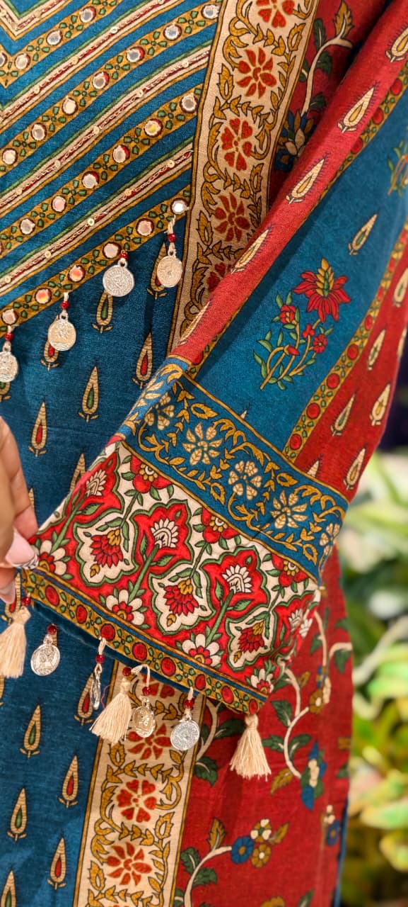 Royal Teal & Crimson Ethnic Muslin Full Suit Set with Intricate Traditional Prints, Embellished Neckline & Rich Floral Dupatta-14347 RB273