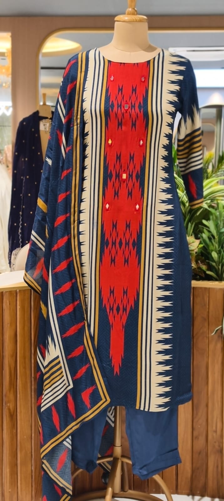Indigo & Crimson Muslin Suit Set with Bold Ikat-Inspired Prints, Statement Panel Design & Coordinated Printed Dupatta-14359 RB269