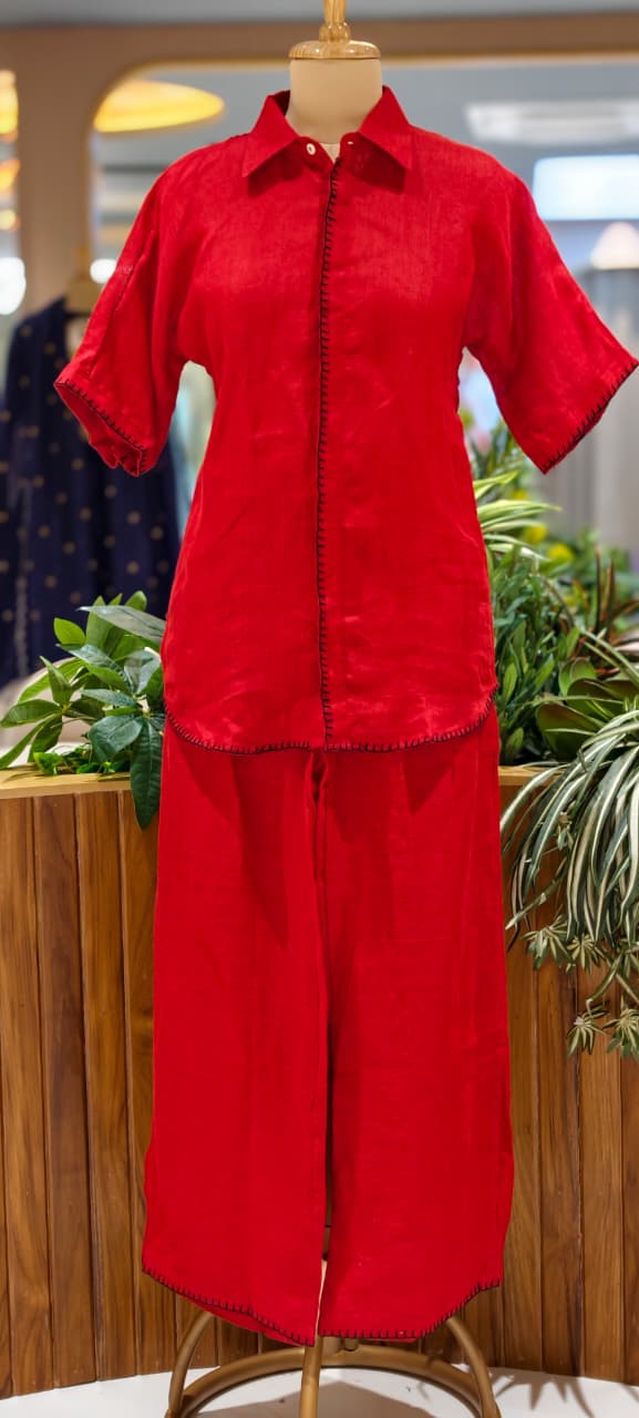 Bold Pure Linen Co-Ord Set Featuring Structured Shirt-Style Top with Comfortable Straight Fit Trousers-14416 RB251