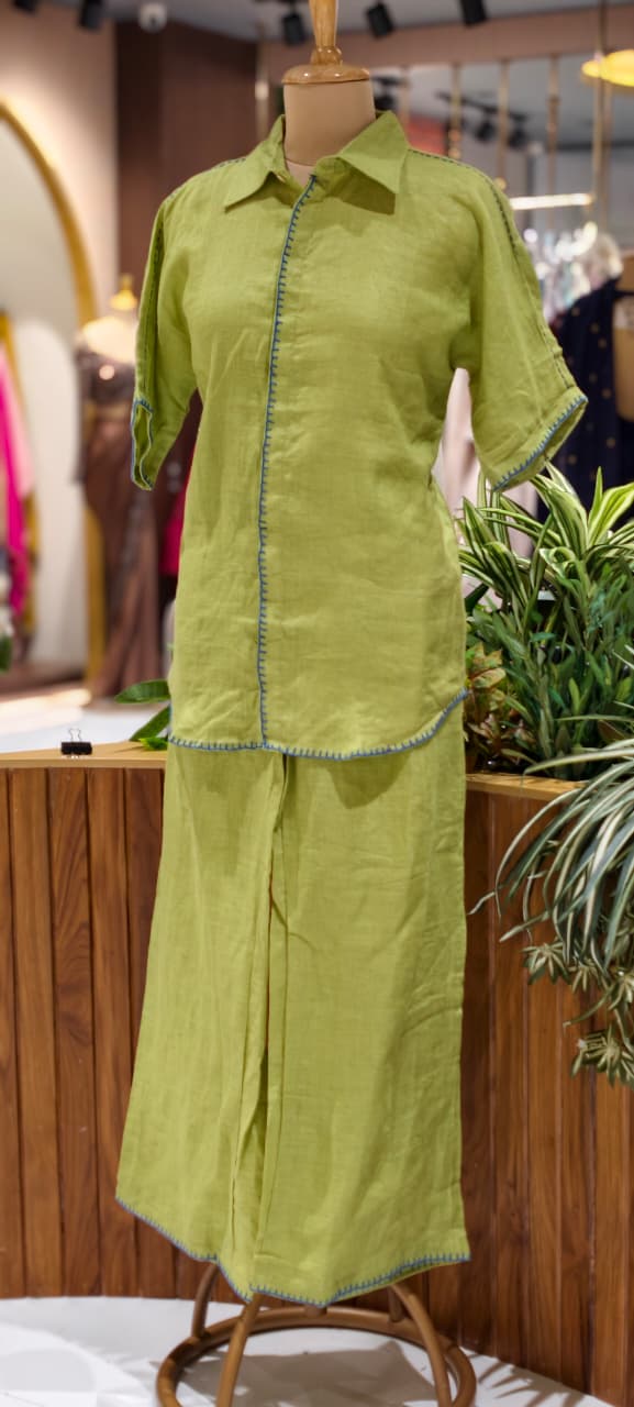 Bold Pure Linen Co-Ord Set Featuring Structured Shirt-Style Top with Comfortable Straight Fit Trousers-14416 RB251