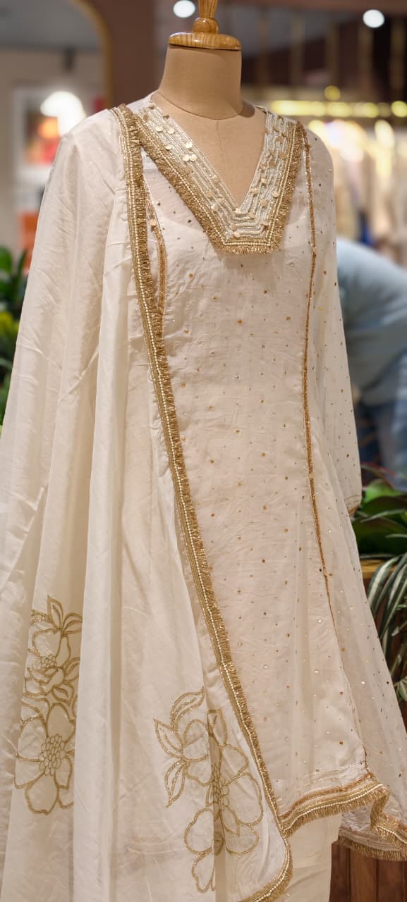 Ivory Golden Intricate Zari Embroidery Premium A-Line Full Suit Set with Separate Inner & Elegant Organza Dupatta- 14291 RB259