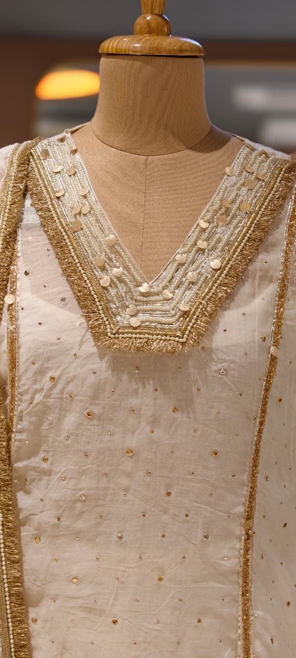 Ivory Golden Intricate Zari Embroidery Premium A-Line Full Suit Set with Separate Inner & Elegant Organza Dupatta- 14291 RB259