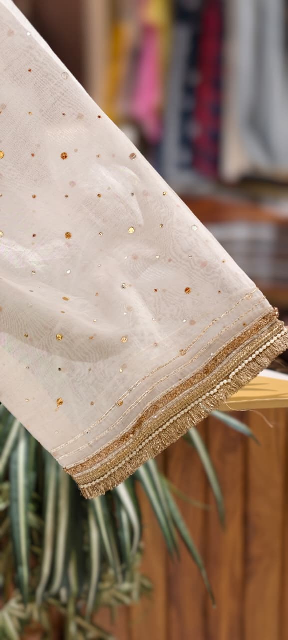 Ivory Golden Intricate Zari Embroidery Premium A-Line Full Suit Set with Separate Inner & Elegant Organza Dupatta- 14291 RB259