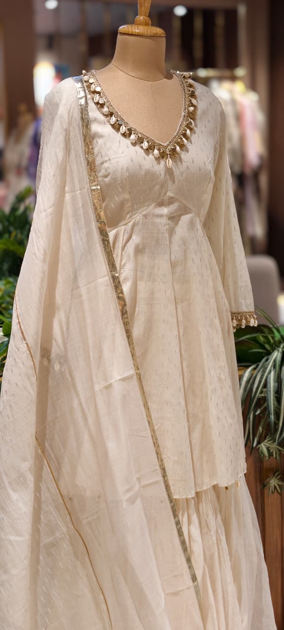 Ivory Luxe Premium Sharara Set with Handcrafted Shell Embellishments, Zari Detailing & Elegant Dupatta- 14325 RB260