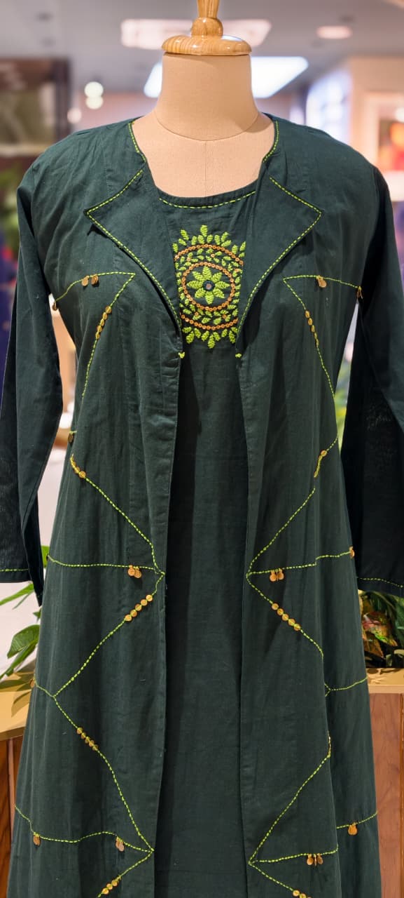 Handloom Cotton Layered Kurta Pant Set with Embroidered Inner, Handcrafted Stitch Detailing & Statement Overlay Detechable Jacket- 14409 RB256