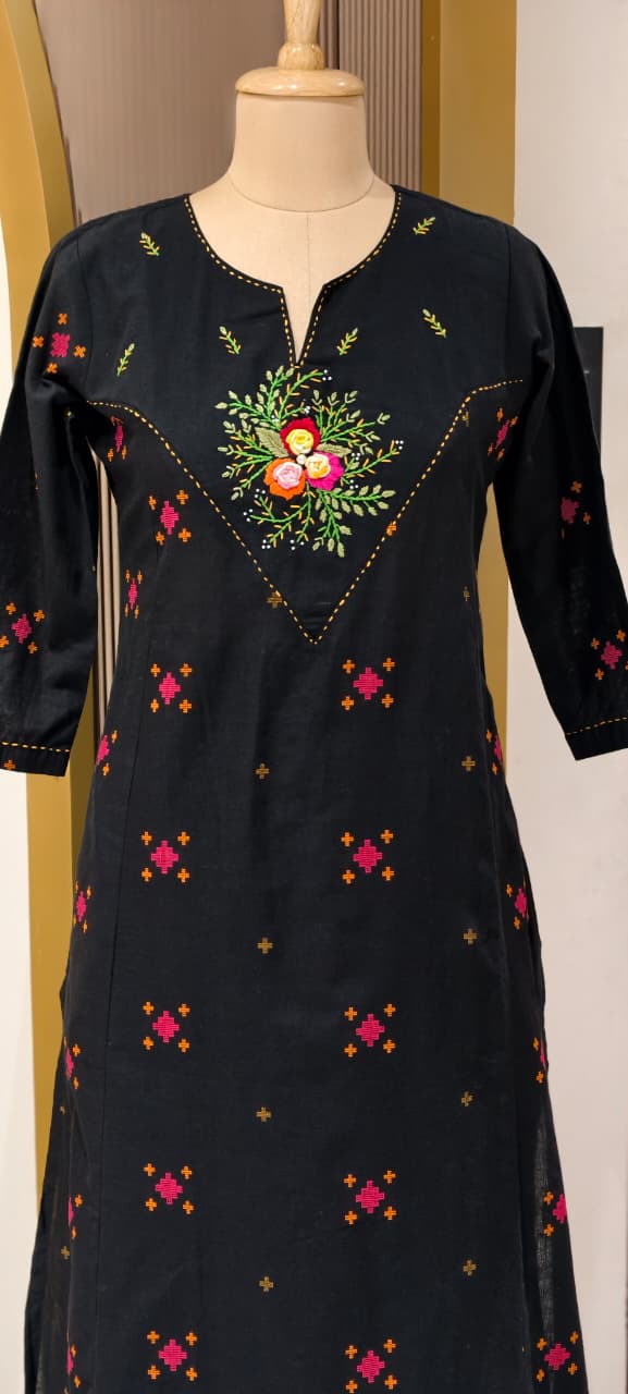 Handloom Cotton Handcrafted Floral Yoke, Subtle Motif Detailing Kurta With Straight Fit Pant- 14410 RB257