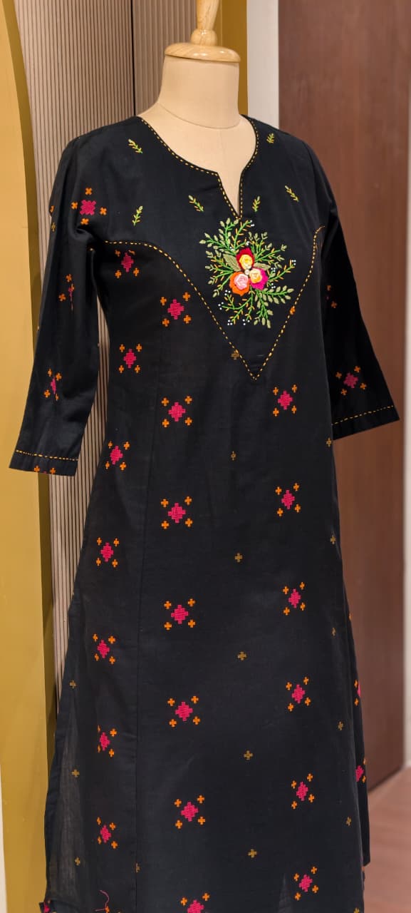 Handloom Cotton Handcrafted Floral Yoke, Subtle Motif Detailing Kurta With Straight Fit Pant- 14410 RB257
