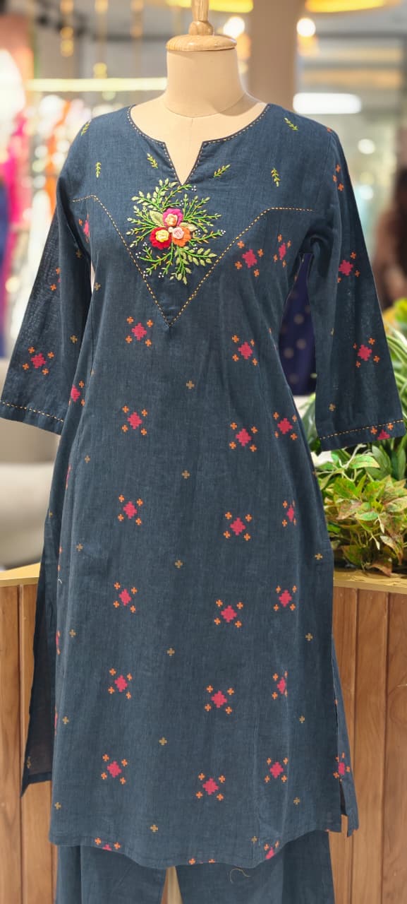 Handloom Cotton Handcrafted Floral Yoke, Subtle Motif Detailing Kurta With Straight Fit Pant- 14410 RB257
