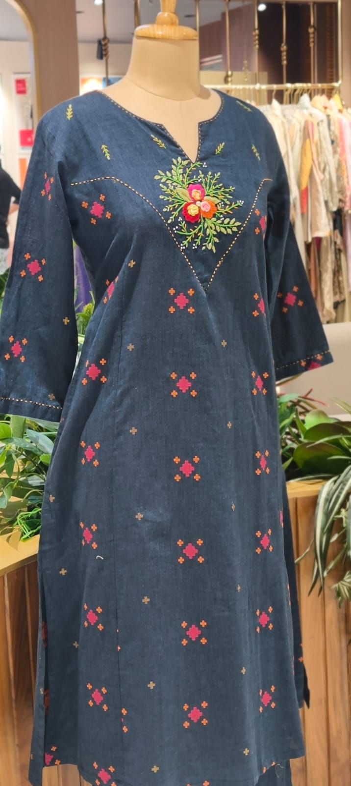 Handloom Cotton Handcrafted Floral Yoke, Subtle Motif Detailing Kurta With Straight Fit Pant- 14410 RB257