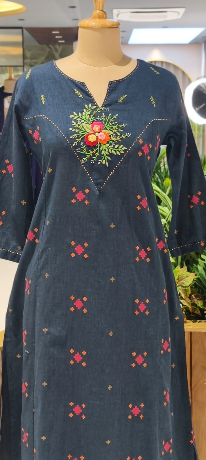 Handloom Cotton Handcrafted Floral Yoke, Subtle Motif Detailing Kurta With Straight Fit Pant- 14410 RB257