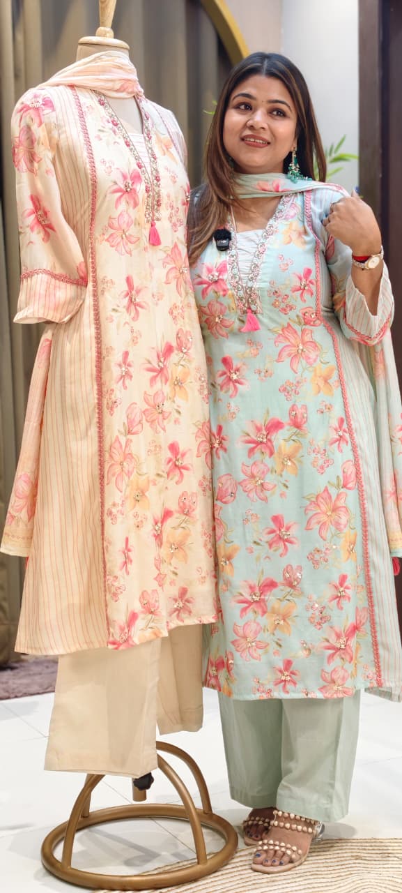 Decent Tone Floral Printed Handtouch Neck Muslin A-Line Full Suit Set With Dupatta & Mul Cotton Lining- 14422 RB250