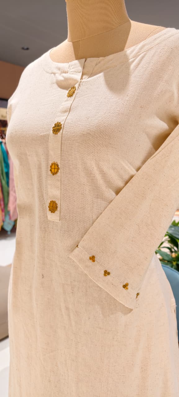 Golden Foil Highlight Jacket Style Solid Straight Kurta Pant Set In Cotton Fabric- 14194