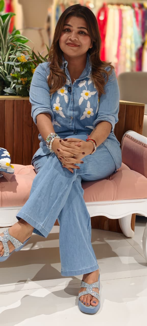 Daisy Embroidered Denim Co-Ord Set ā Chic Casual Shirt & Pant Set- 14466