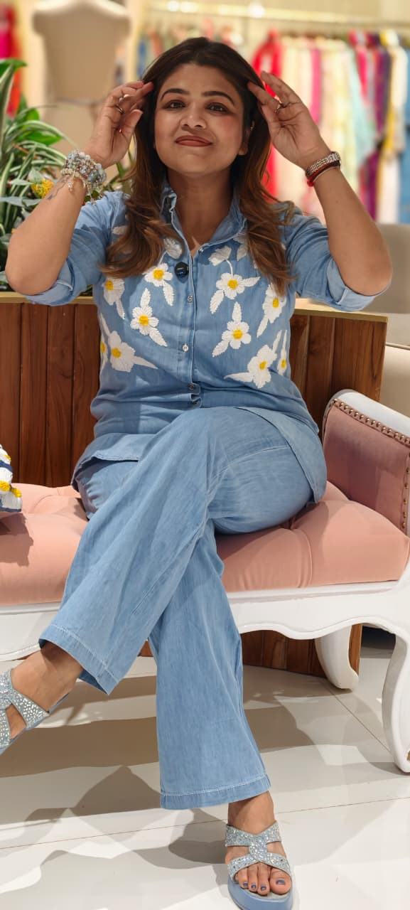 Daisy Embroidered Denim Co-Ord Set ā Chic Casual Shirt & Pant Set- 14466