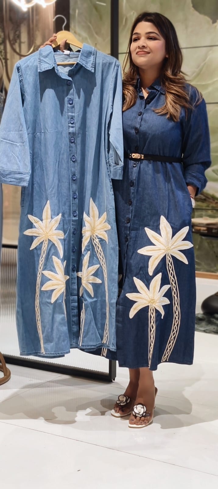 Chic Palm Embroidery Denim Longline Denim Shirt Dress- 14465 Loose Fit (Belt Only For Reference)