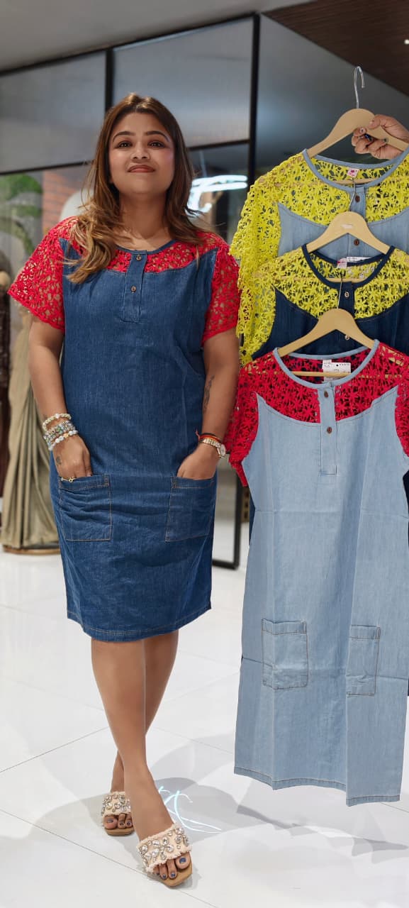 Denim Shift Dress with Floral Lace Sleeves & Dual Pockets- 14469