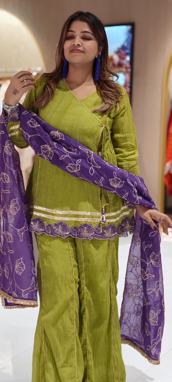 Angrakha Style Premium Olive Green Kurta Palazzo Set with Embroidered Hem & Contrast Purple Dupatta-14217 RB321