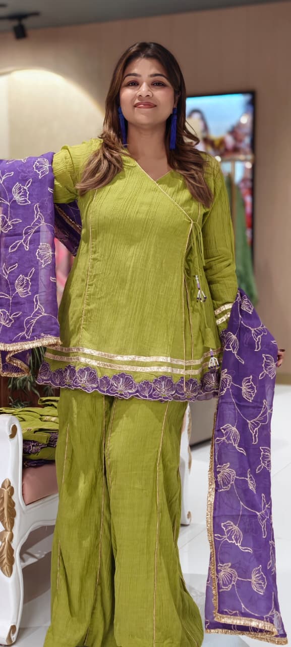 Angrakha Style Premium Olive Green Kurta Palazzo Set with Embroidered Hem & Contrast Purple Dupatta-14217 RB321