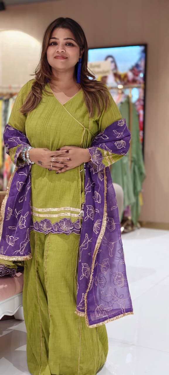 Angrakha Style Premium Olive Green Kurta Palazzo Set with Embroidered Hem & Contrast Purple Dupatta-14217 RB321