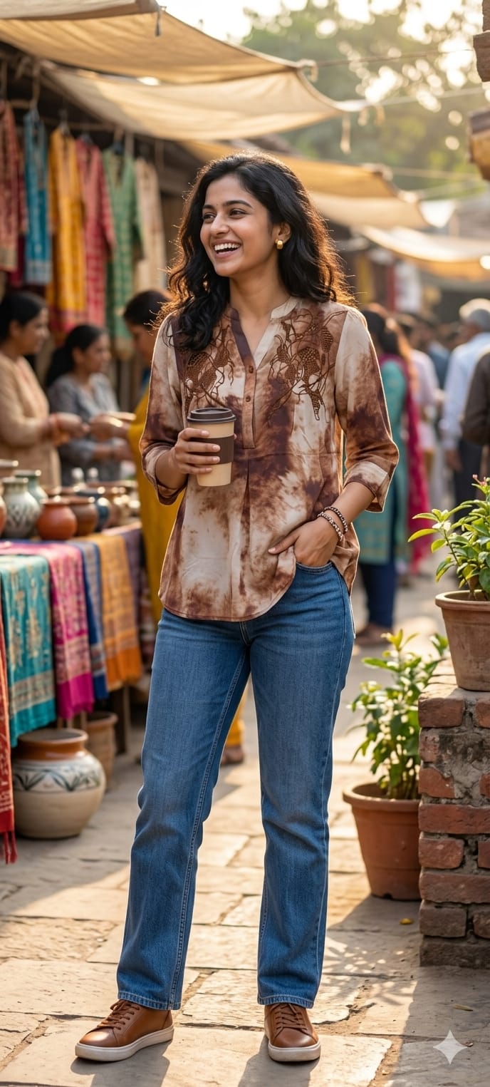 Choco Mocha Sepia Dream Embroidered Marble Print Tunic-14433