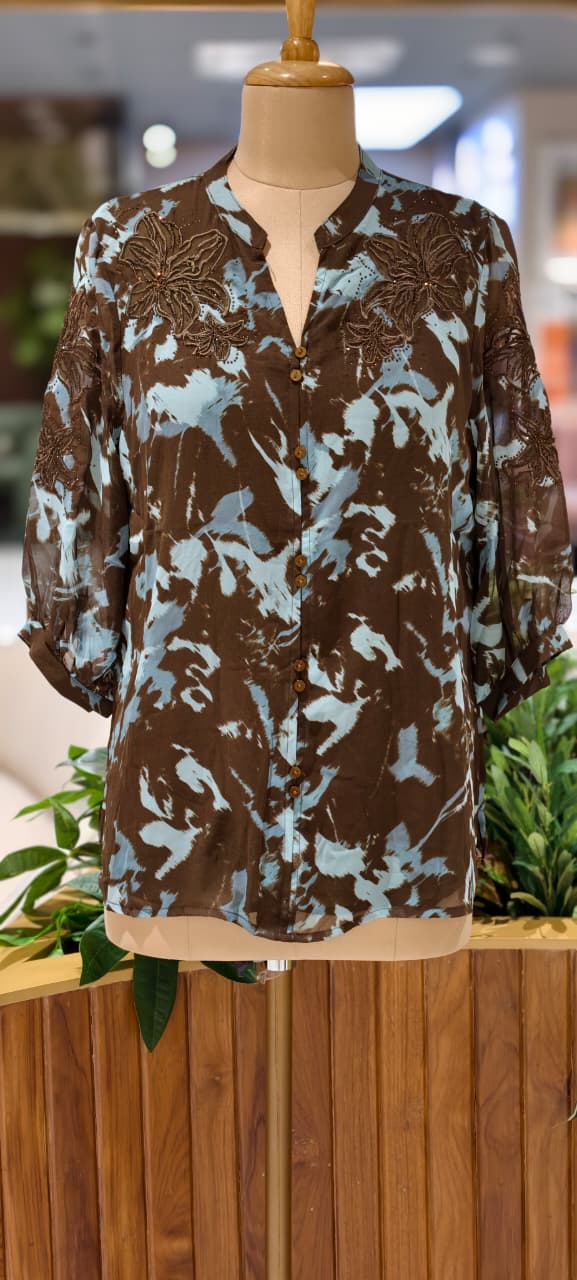 Crafted Botanical Muse Embroidered Neck Marble Print Imported Tunic- 14435,44