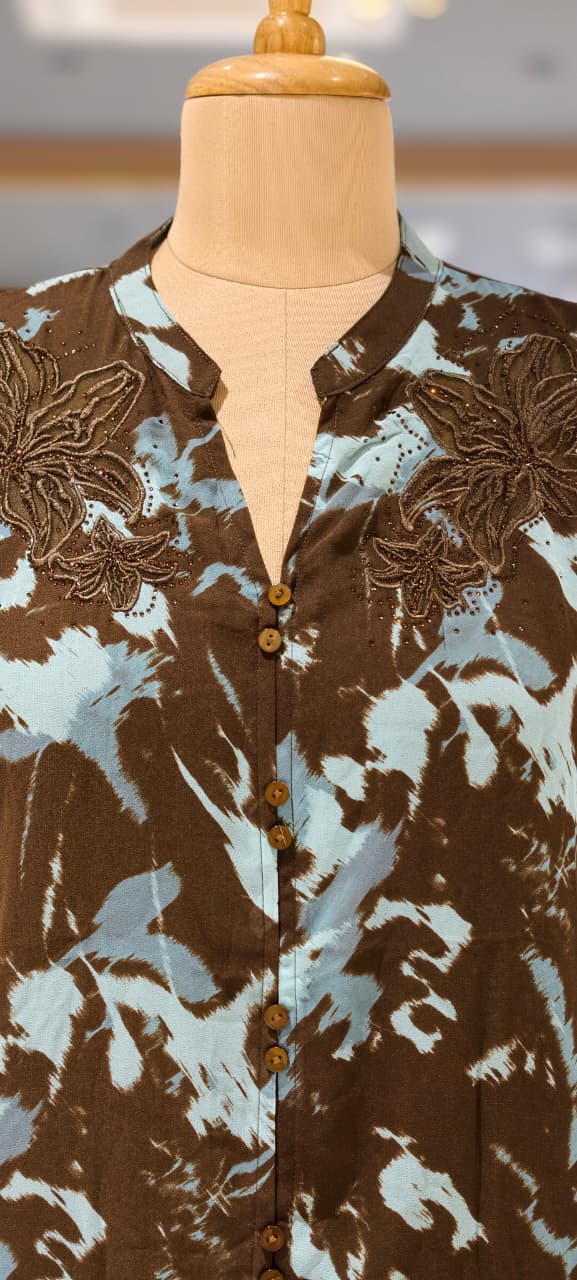 Crafted Botanical Muse Embroidered Neck Marble Print Imported Tunic- 14435,44