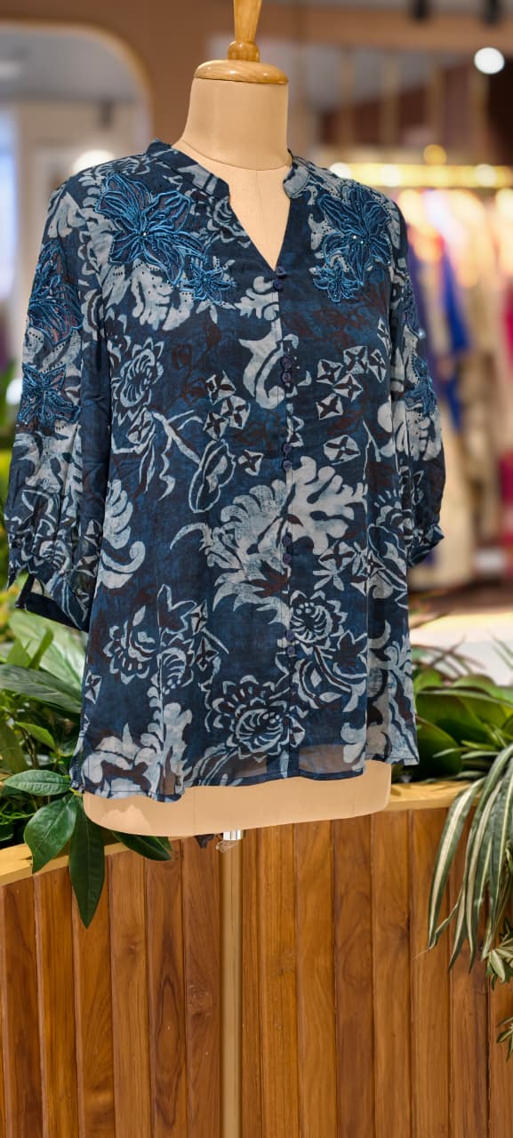 Crafted Botanical Muse Embroidered Neck Marble Print Imported Tunic- 14435,44