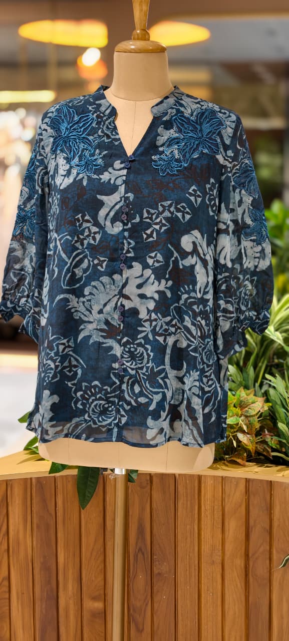 Crafted Botanical Muse Embroidered Neck Marble Print Imported Tunic- 14435,44