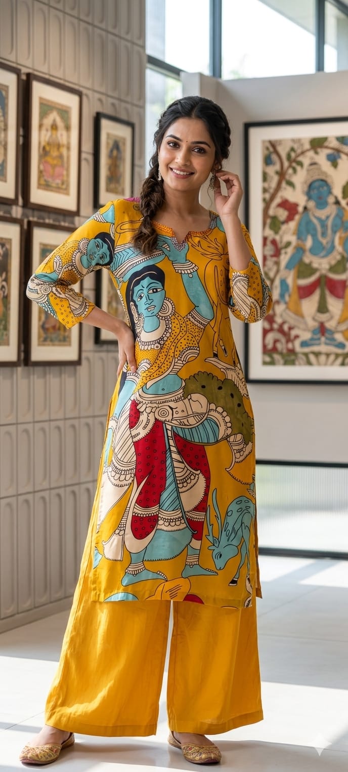 Folk-Art Kalamkari Muse Digital Printed Narrative Muslin Kurta Pant Set- 14437 RB288