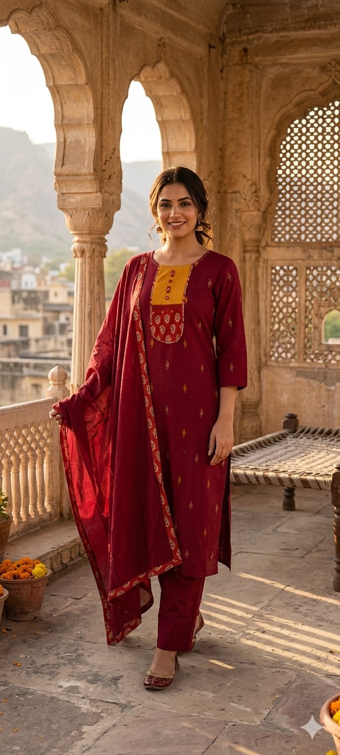 Ethnic Abstract Print U-Yoke Multicolor Cotton Full Suit Set With Printed Dupatta(Lean Fit)- 14355 RB327