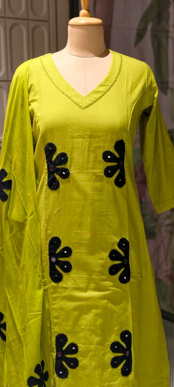 Half Phased Flower Patch Cotton A-Line Full Suit Set With Dupatta- 14415 RB326