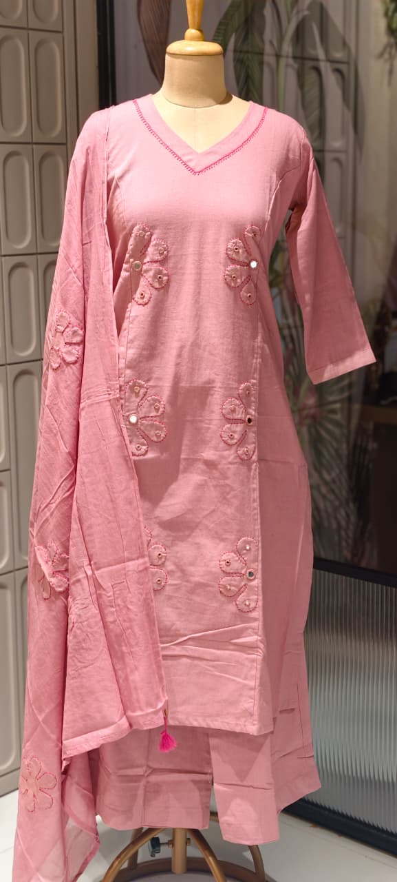 Half Phased Flower Patch Cotton A-Line Full Suit Set With Dupatta- 14415 RB326