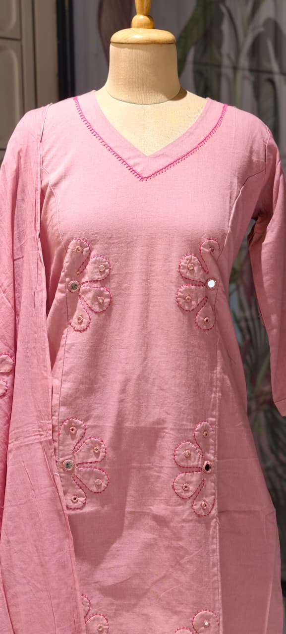 Half Phased Flower Patch Cotton A-Line Full Suit Set With Dupatta- 14415 RB326