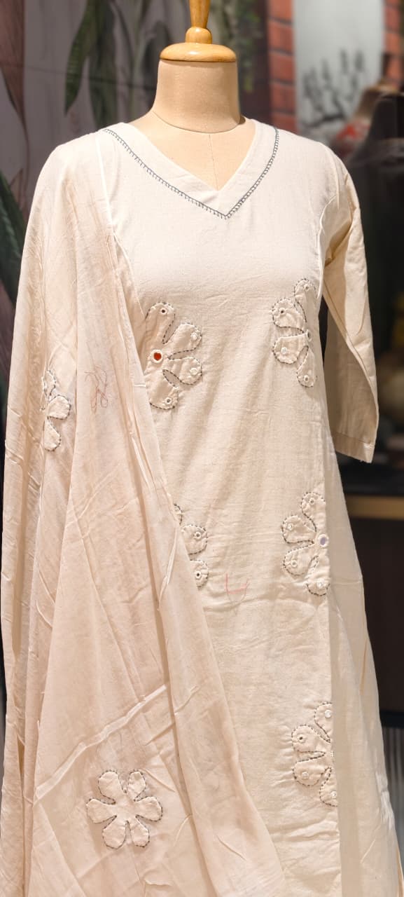 Half Phased Flower Patch Cotton A-Line Full Suit Set With Dupatta- 14415 RB326