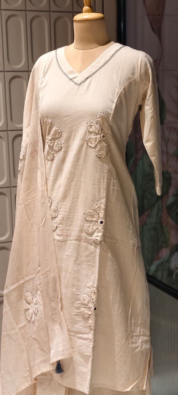 Half Phased Flower Patch Cotton A-Line Full Suit Set With Dupatta- 14415 RB326
