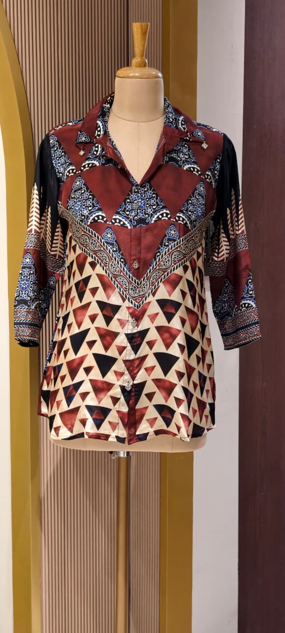 Teal Mandala Geometric Upside Down Printed Crepe Shirt-14479 RB305