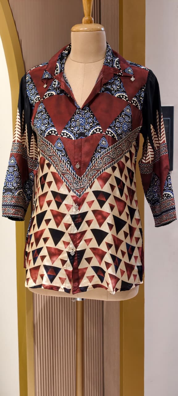 Teal Mandala Geometric Upside Down Printed Crepe Shirt-14479 RB305