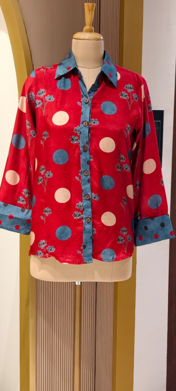 Smooth Blended Floral Polka Dotted Modal Muslin Casual Fusion Shirt (Slightly Loose Fit)-14484 RB304