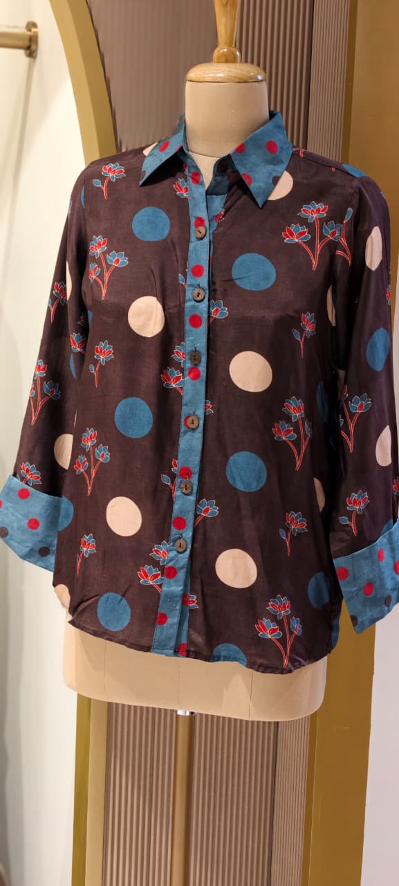 Smooth Blended Floral Polka Dotted Modal Muslin Casual Fusion Shirt (Slightly Loose Fit)-14484 RB304