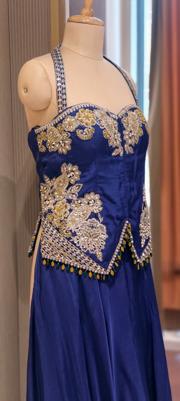 Royal Indigo Hand-Embellished Regal Statement Stunning Scalloped Bodice Indo Wear- 14326 RB333
