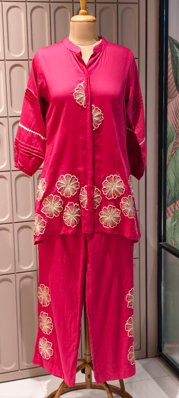 Gulabi Blush Half Phase Floral Embroidered Solid Mul-Cotton Co-Ord Set- 14495 RB285
