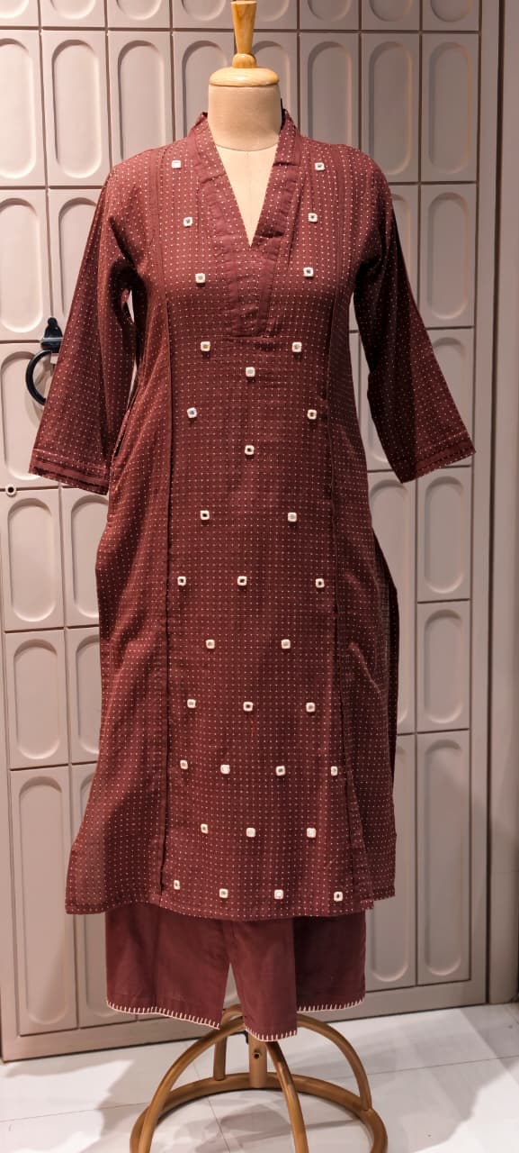 Tiny Polka Dots With Real Mirror Scattered Placement Work A-Line Cotton Kurta Pant Set- 14414 RB291