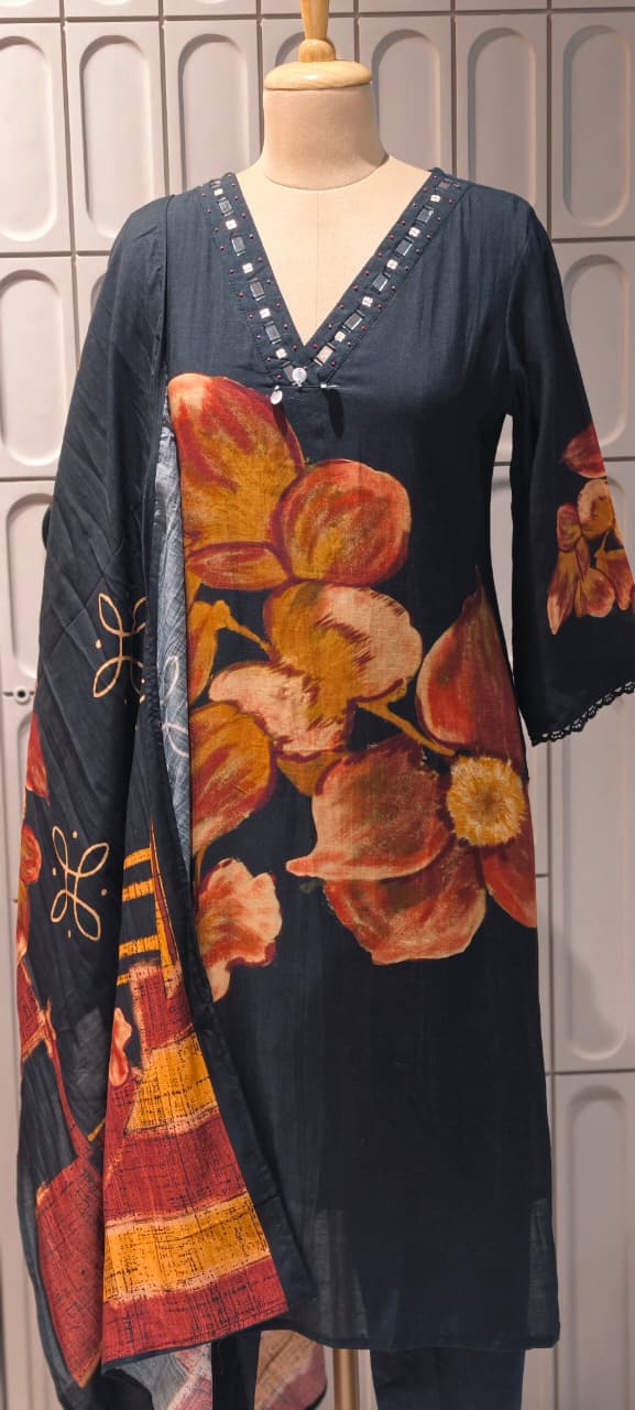 Giant Petal Print Real Mirror Neck Line Coin Tassel Accent Linen Full Suit Set With Dupatta- 14443 RB292