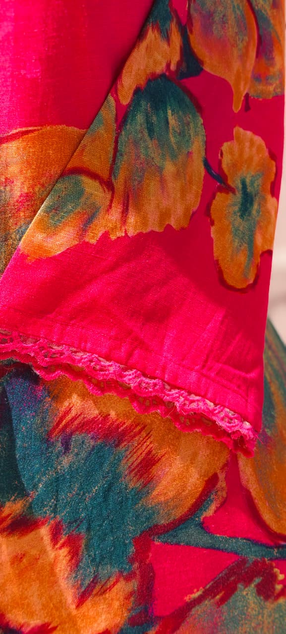 Giant Petal Print Real Mirror Neck Line Coin Tassel Accent Linen Full Suit Set With Dupatta- 14443 RB292