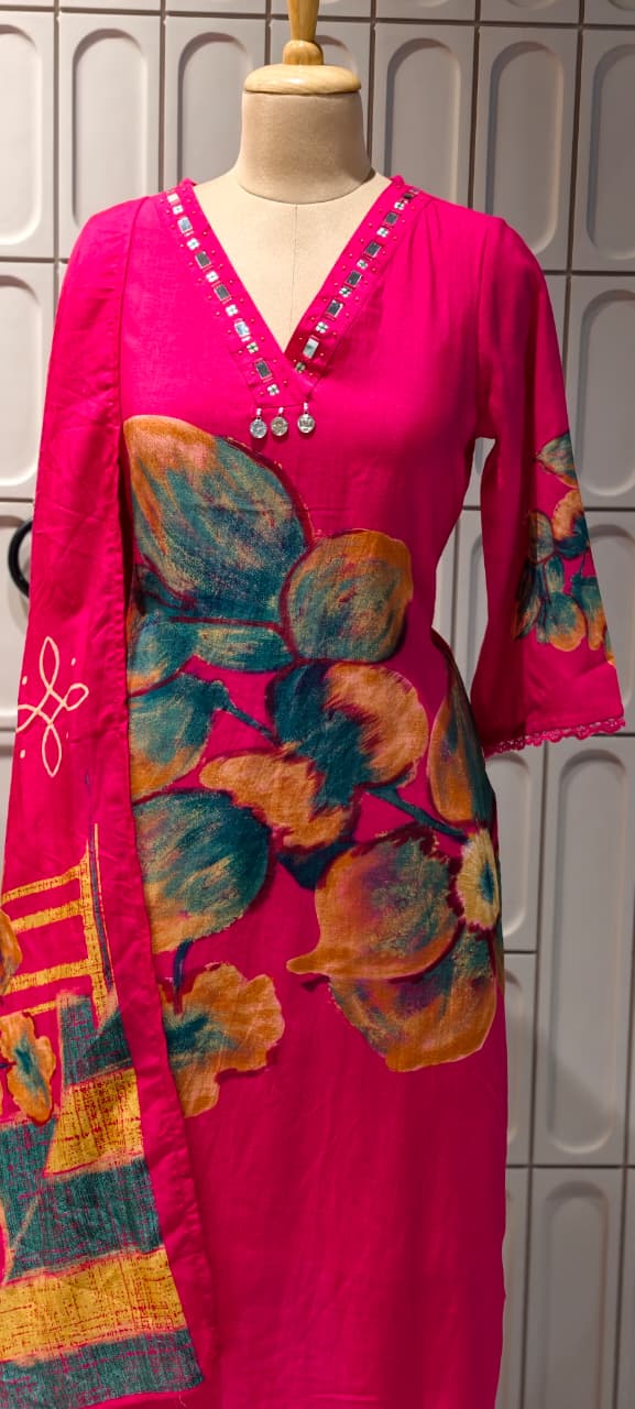 Giant Petal Print Real Mirror Neck Line Coin Tassel Accent Linen Full Suit Set With Dupatta- 14443 RB292