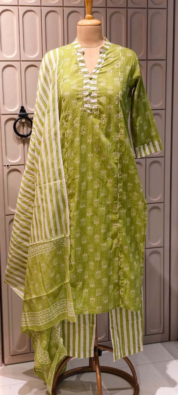 Elegant Handloom Cotton Striped Bottom & Dupatta With Floral Printed Full Suit-14504 RB294